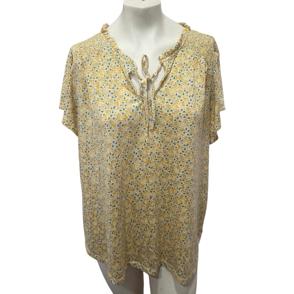 Rose + Olive 2X Yellow Blue Floral Smocked Flutter Sleeve Peasant Boho Top Plus